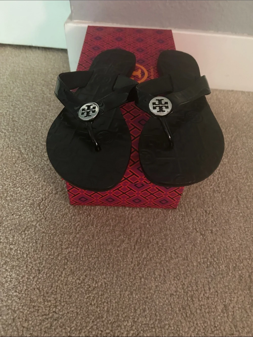 Tory Burch Black Patent Logo Thong Sandals